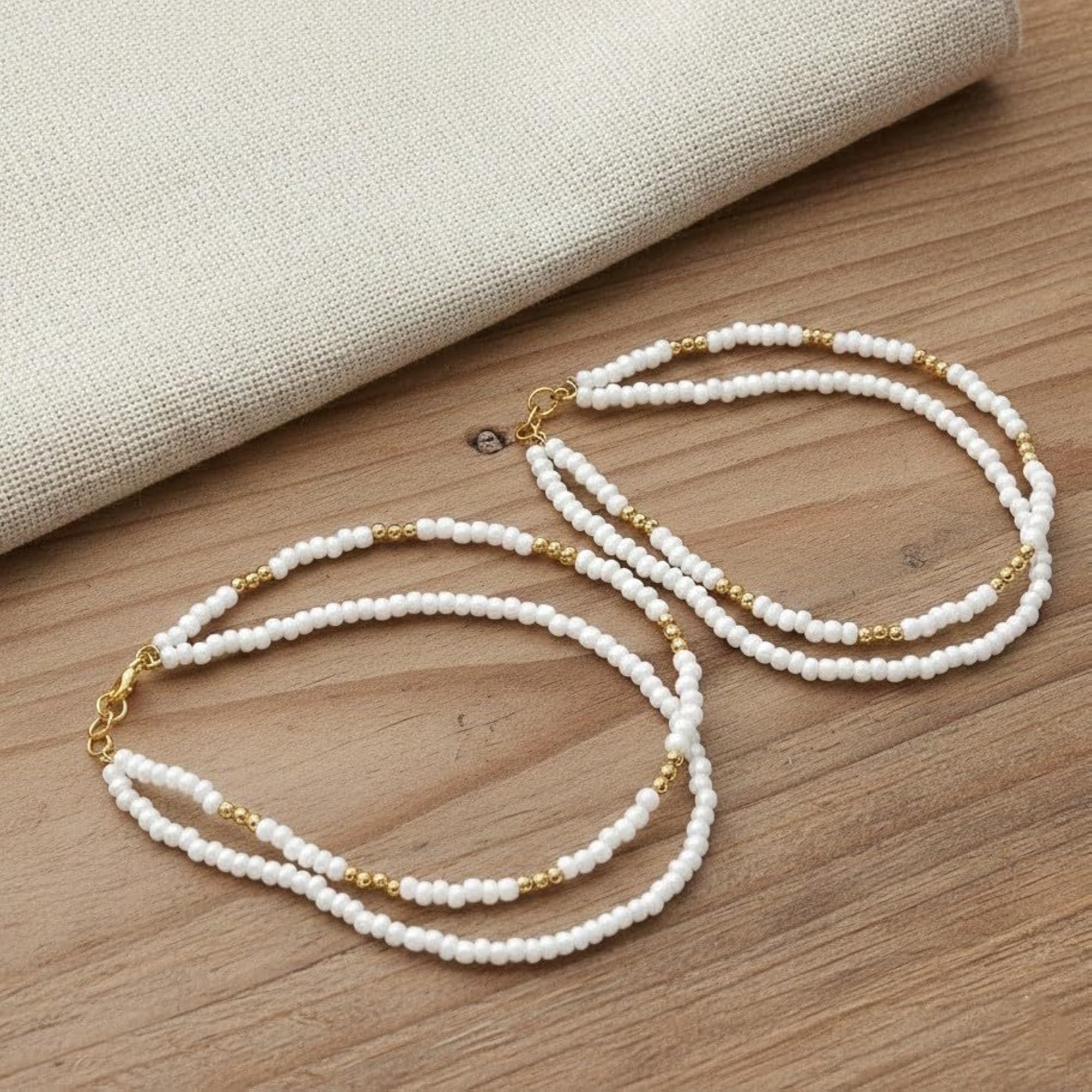 Women's Handcrafted White Beaded Anklet, Elegant & Comfortable